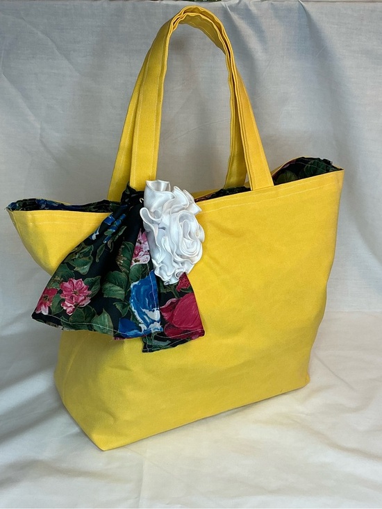 Handmade Handbags - 2034 - Handmade Sunny Yellow Canvas Tote with Floral Scarf and Rosette
